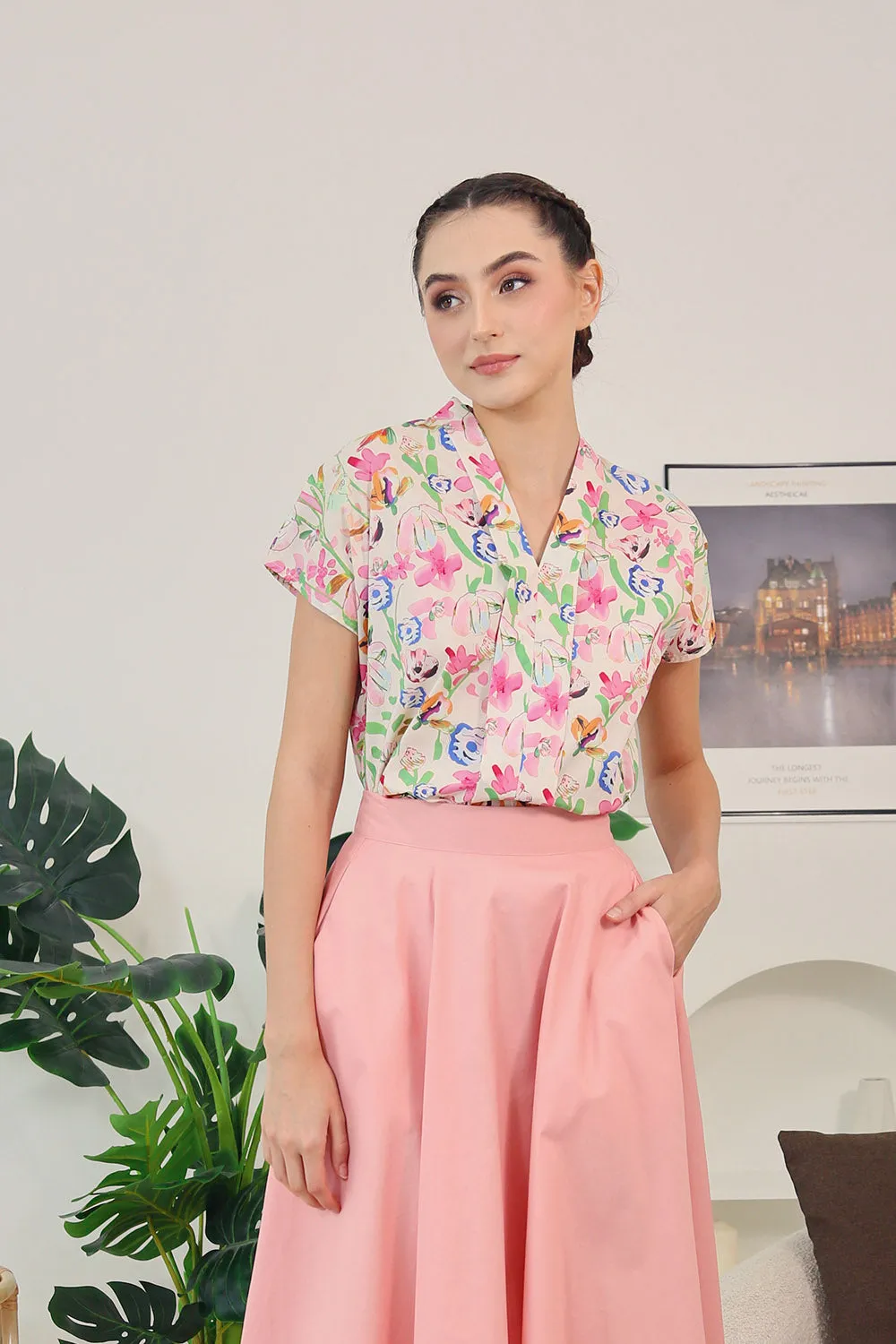 Addie Kimono Neckline Top in Pink Blossom