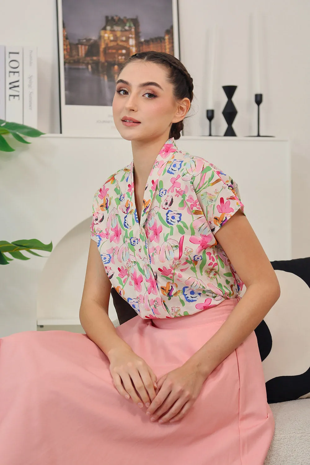 Addie Kimono Neckline Top in Pink Blossom