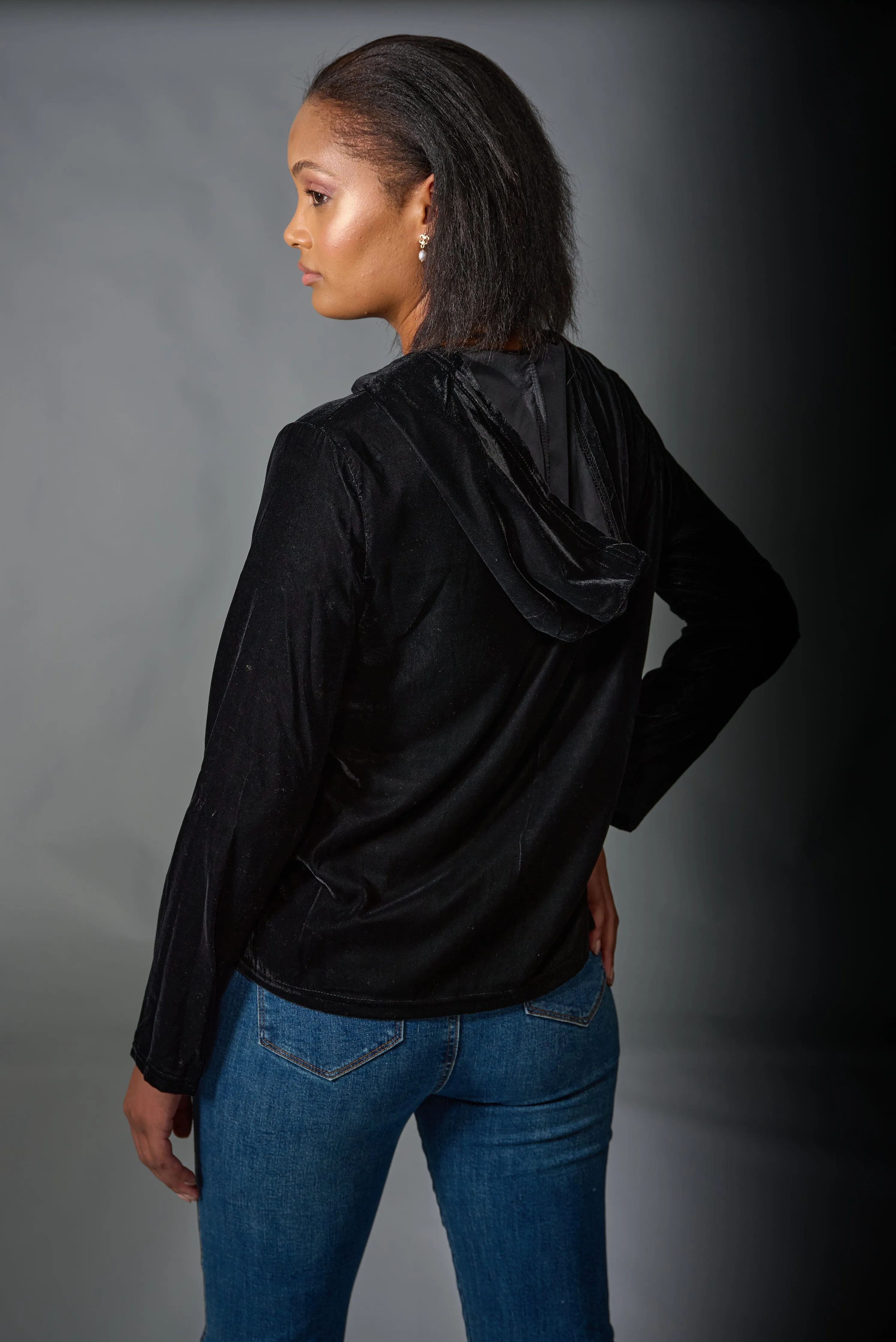 Adore, Velvet, Embroidered Zip Up Hooded Jacket in black