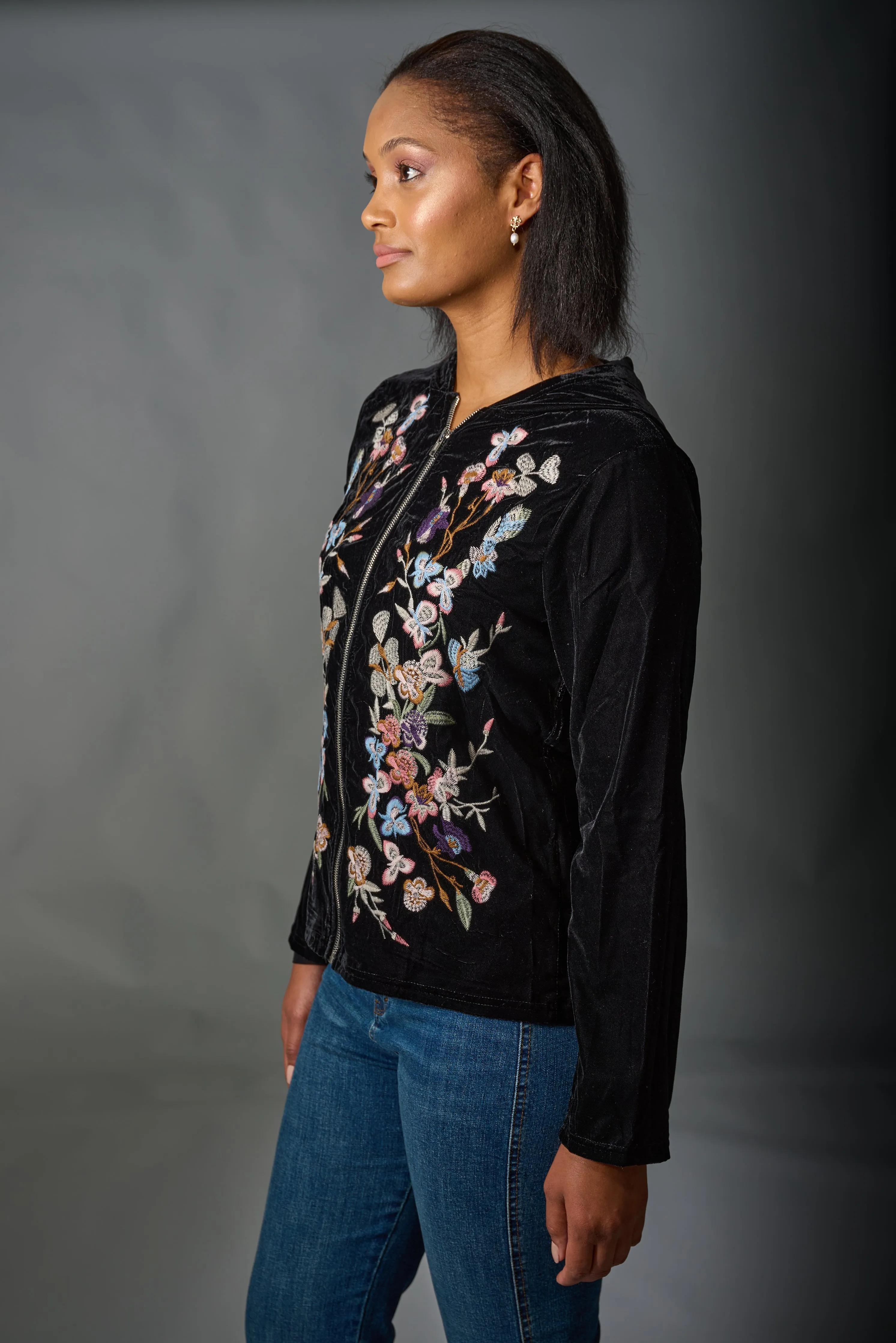 Adore, Velvet, Embroidered Zip Up Hooded Jacket in black