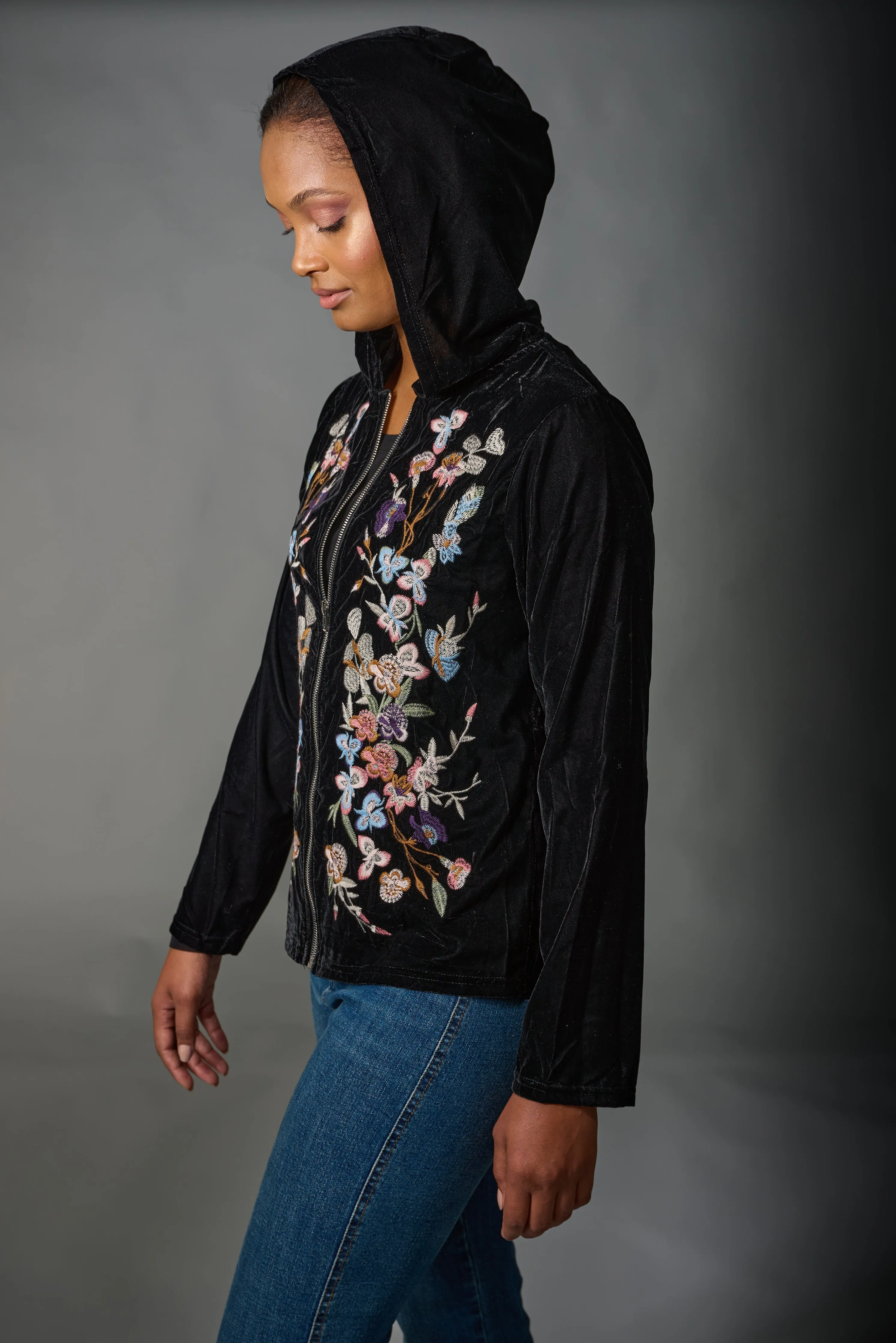 Adore, Velvet, Embroidered Zip Up Hooded Jacket in black