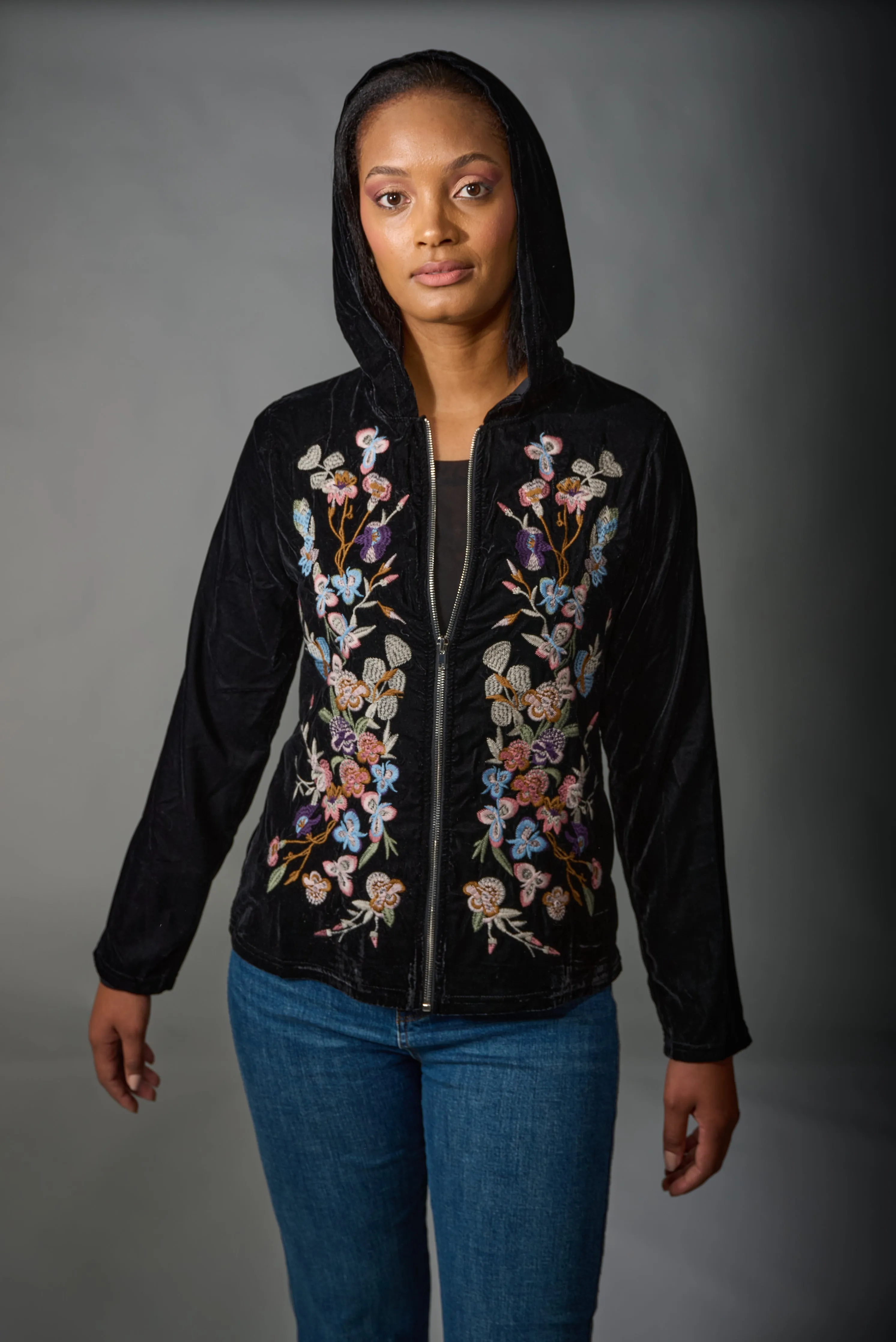 Adore, Velvet, Embroidered Zip Up Hooded Jacket in black