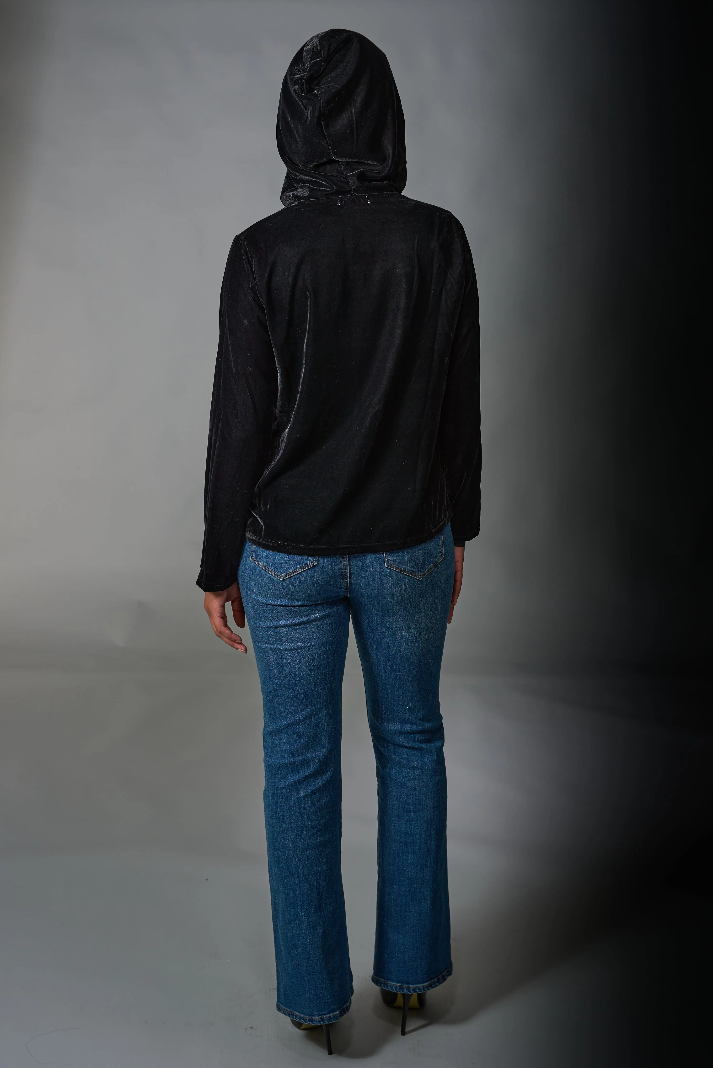 Adore, Velvet, Embroidered Zip Up Hooded Jacket in black