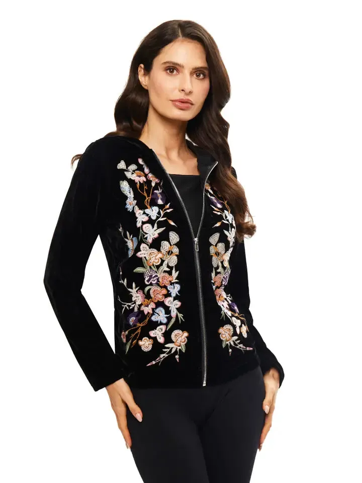 Adore, Velvet, Embroidered Zip Up Hooded Jacket in black