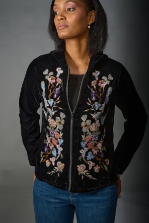 Adore, Velvet, Embroidered Zip Up Hooded Jacket in black