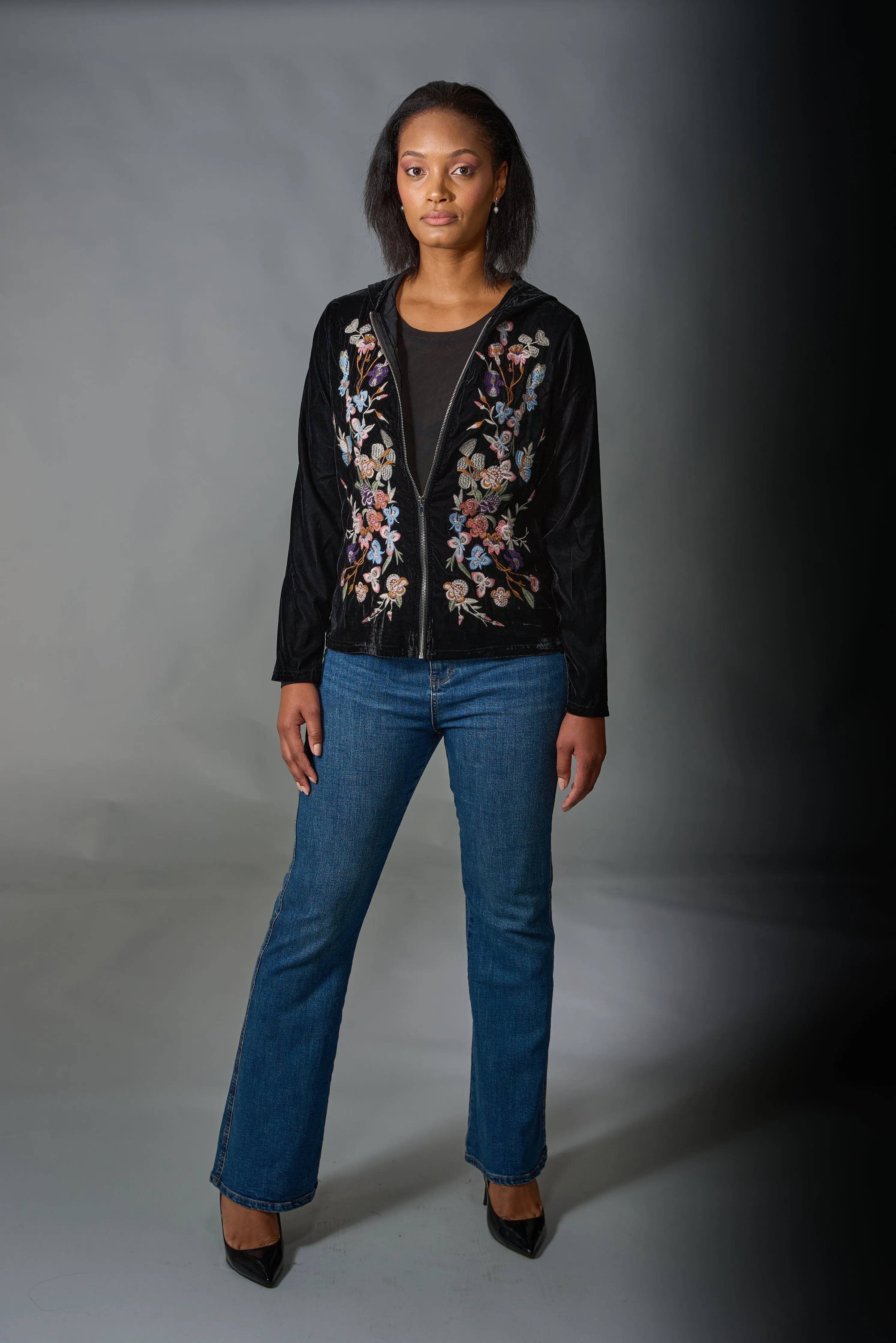 Adore, Velvet, Embroidered Zip Up Hooded Jacket in black