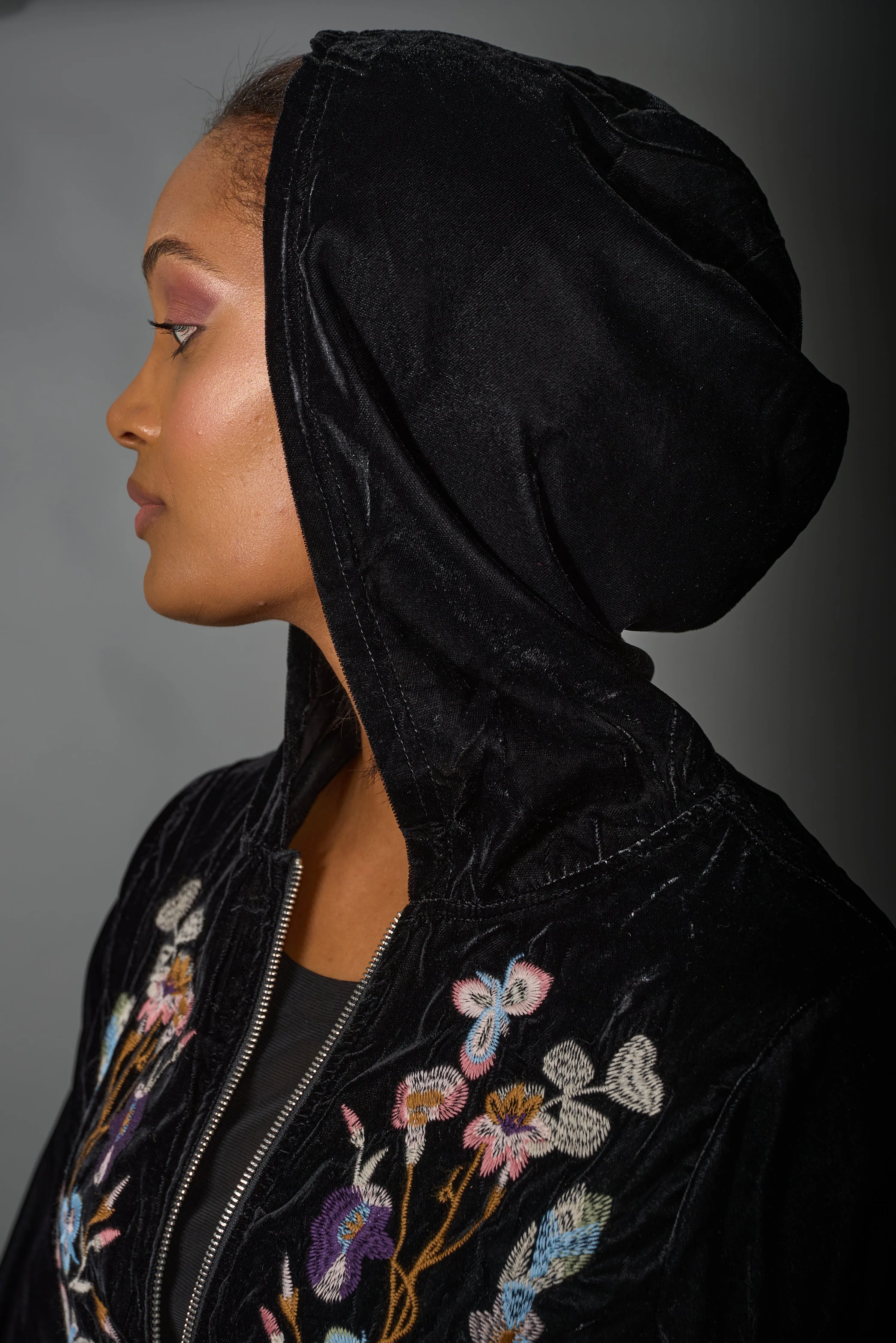 Adore, Velvet, Embroidered Zip Up Hooded Jacket in black