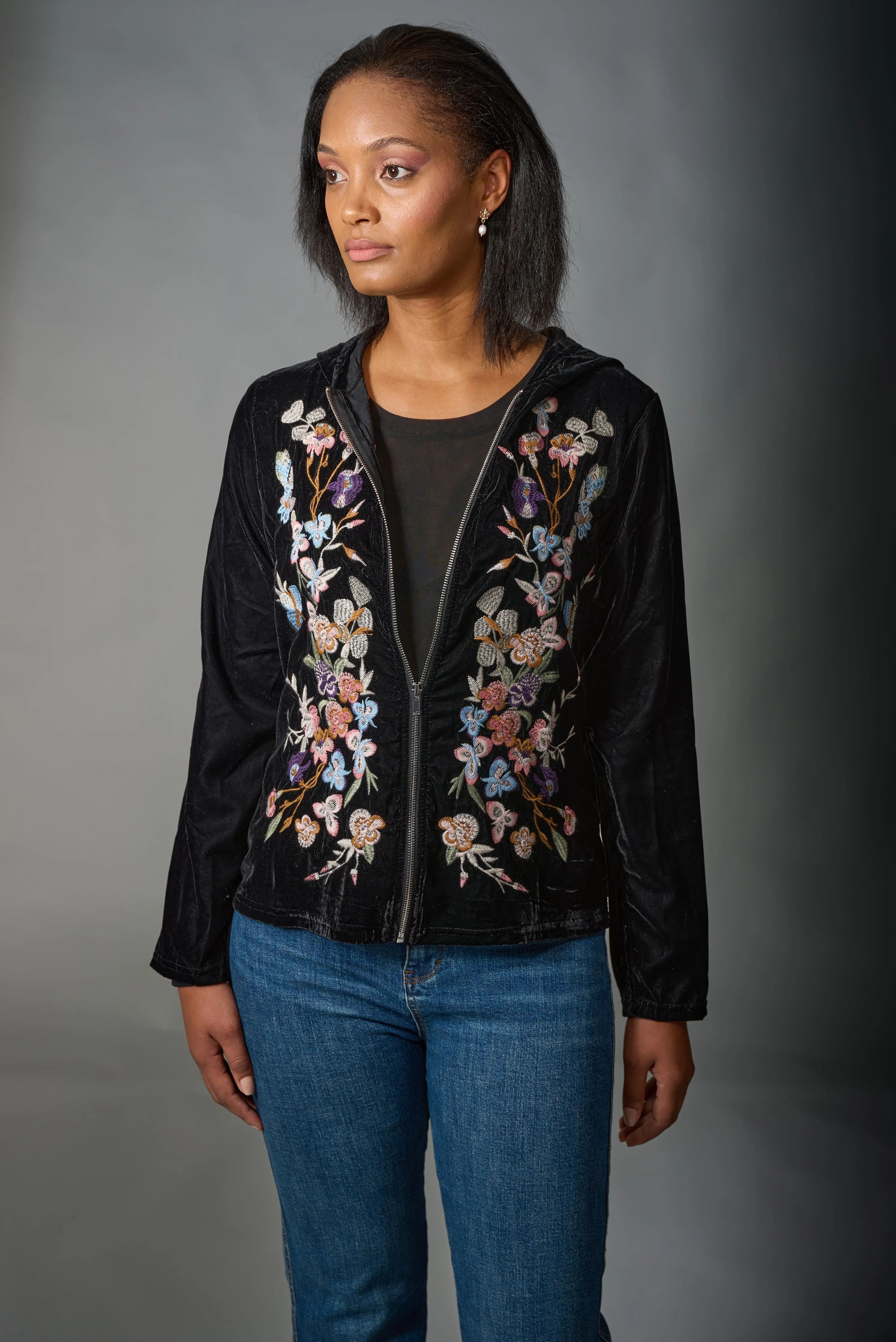 Adore, Velvet, Embroidered Zip Up Hooded Jacket in black