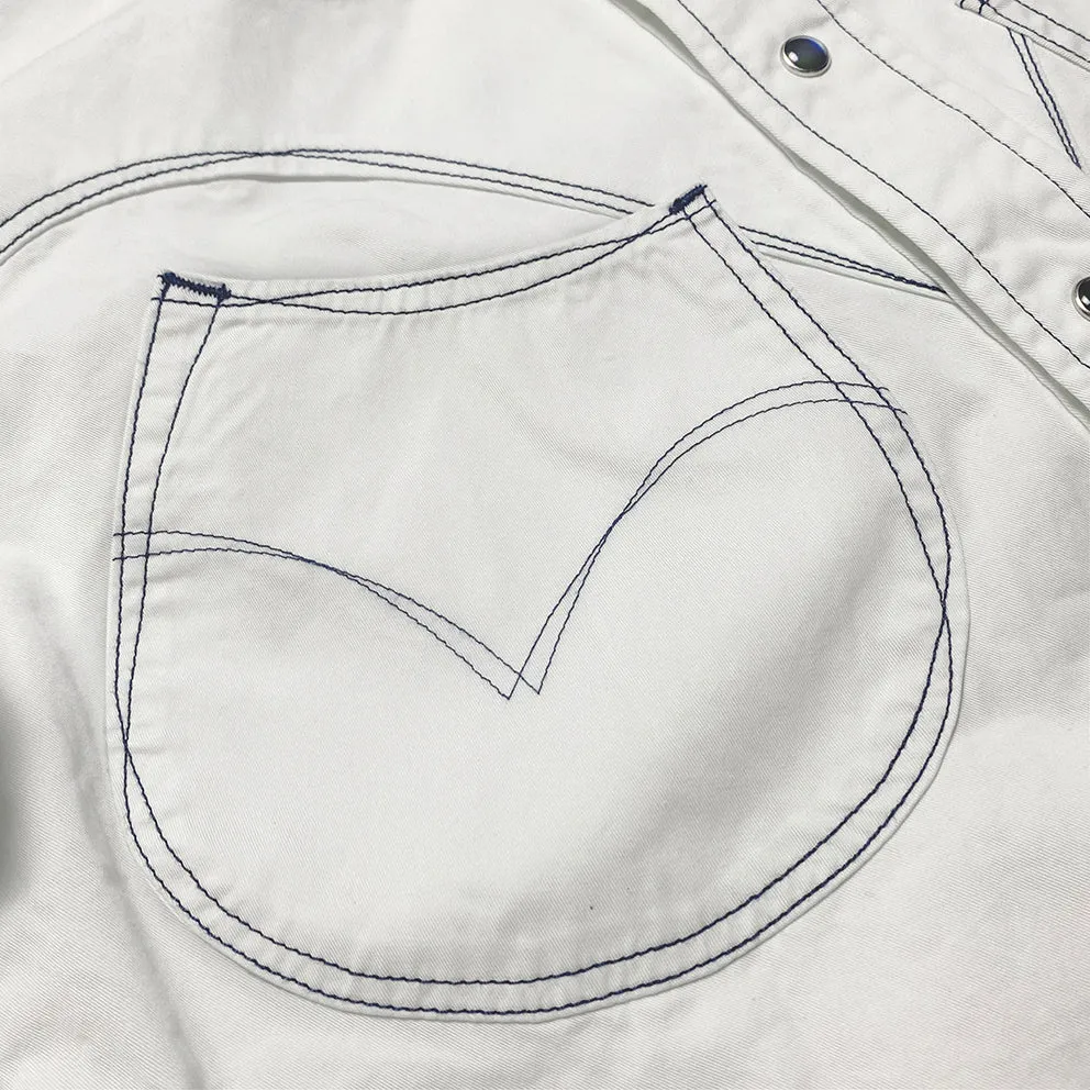 DDL 323R1-DEL TORO-LUCKY REGULAR FIT 2 HORSESHOE SHAPE POCKET SHORT SLEEVE WESTERN POPLIN SHIRT WITH CONTRAST BLUE THREAD STITCHING-E0 WHITE