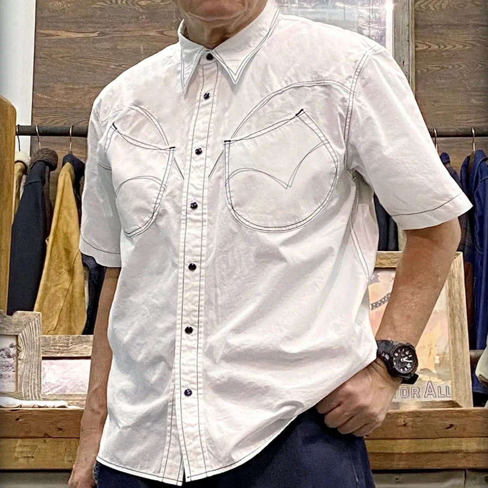 DDL 323R1-DEL TORO-LUCKY REGULAR FIT 2 HORSESHOE SHAPE POCKET SHORT SLEEVE WESTERN POPLIN SHIRT WITH CONTRAST BLUE THREAD STITCHING-E0 WHITE