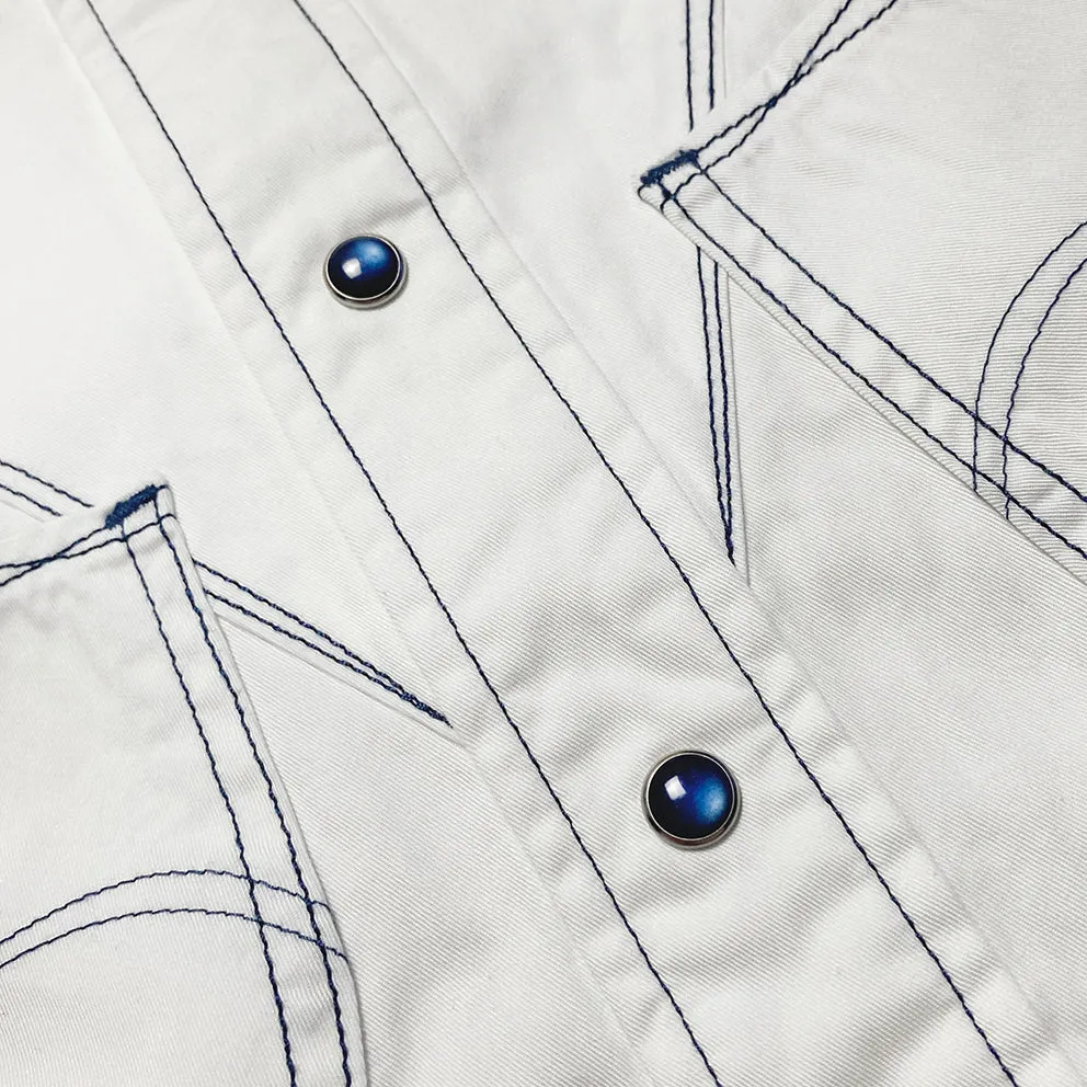 DDL 323R1-DEL TORO-LUCKY REGULAR FIT 2 HORSESHOE SHAPE POCKET SHORT SLEEVE WESTERN POPLIN SHIRT WITH CONTRAST BLUE THREAD STITCHING-E0 WHITE