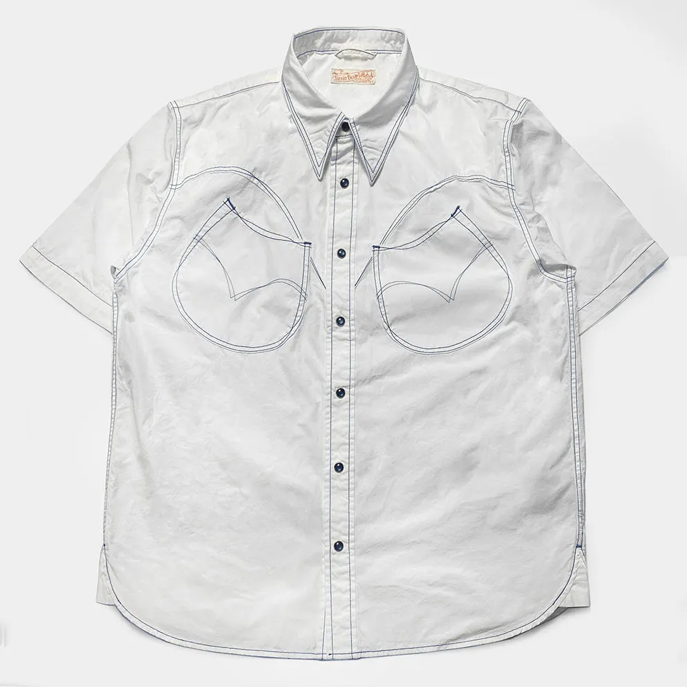 DDL 323R1-DEL TORO-LUCKY REGULAR FIT 2 HORSESHOE SHAPE POCKET SHORT SLEEVE WESTERN POPLIN SHIRT WITH CONTRAST BLUE THREAD STITCHING-E0 WHITE