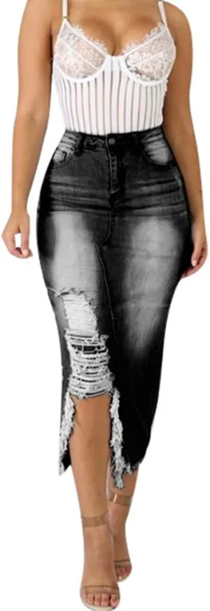 Denim Skirts for Women Casual Summer Ripped Destroyed Bodycon Jean Skirt Midi Skirts for Women