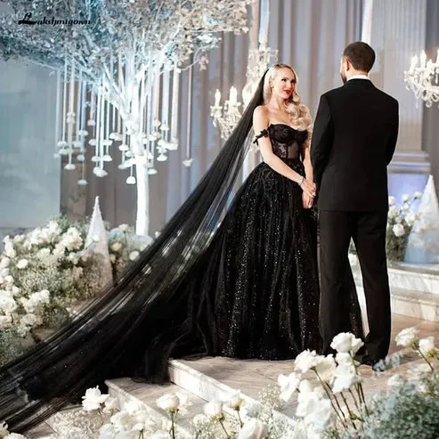 Luolandi A-Line Black Gothic Wedding Dresses with Sequin Lace Appliques Off Shoulder