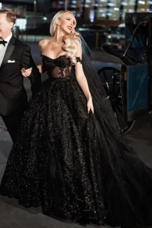 Luolandi A-Line Black Gothic Wedding Dresses with Sequin Lace Appliques Off Shoulder
