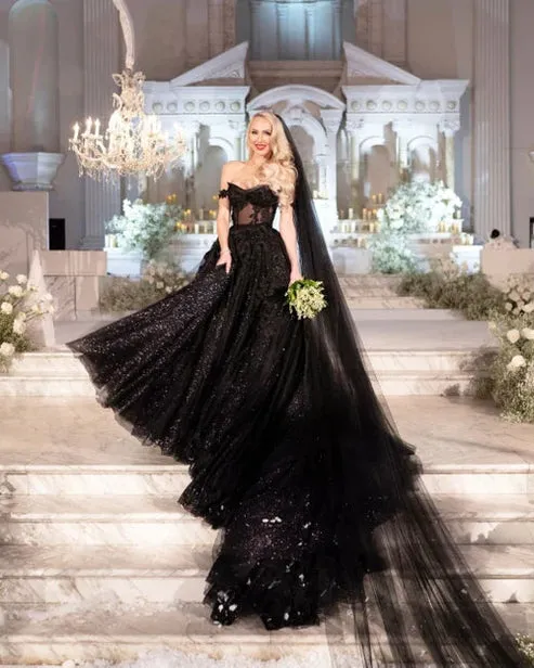Luolandi A-Line Black Gothic Wedding Dresses with Sequin Lace Appliques Off Shoulder