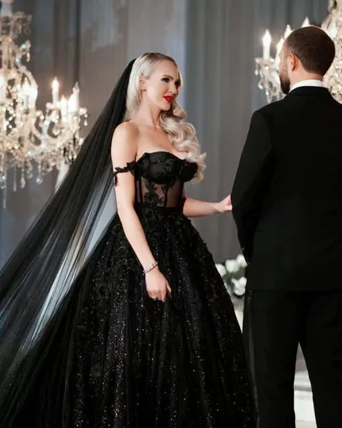 Luolandi A-Line Black Gothic Wedding Dresses with Sequin Lace Appliques Off Shoulder