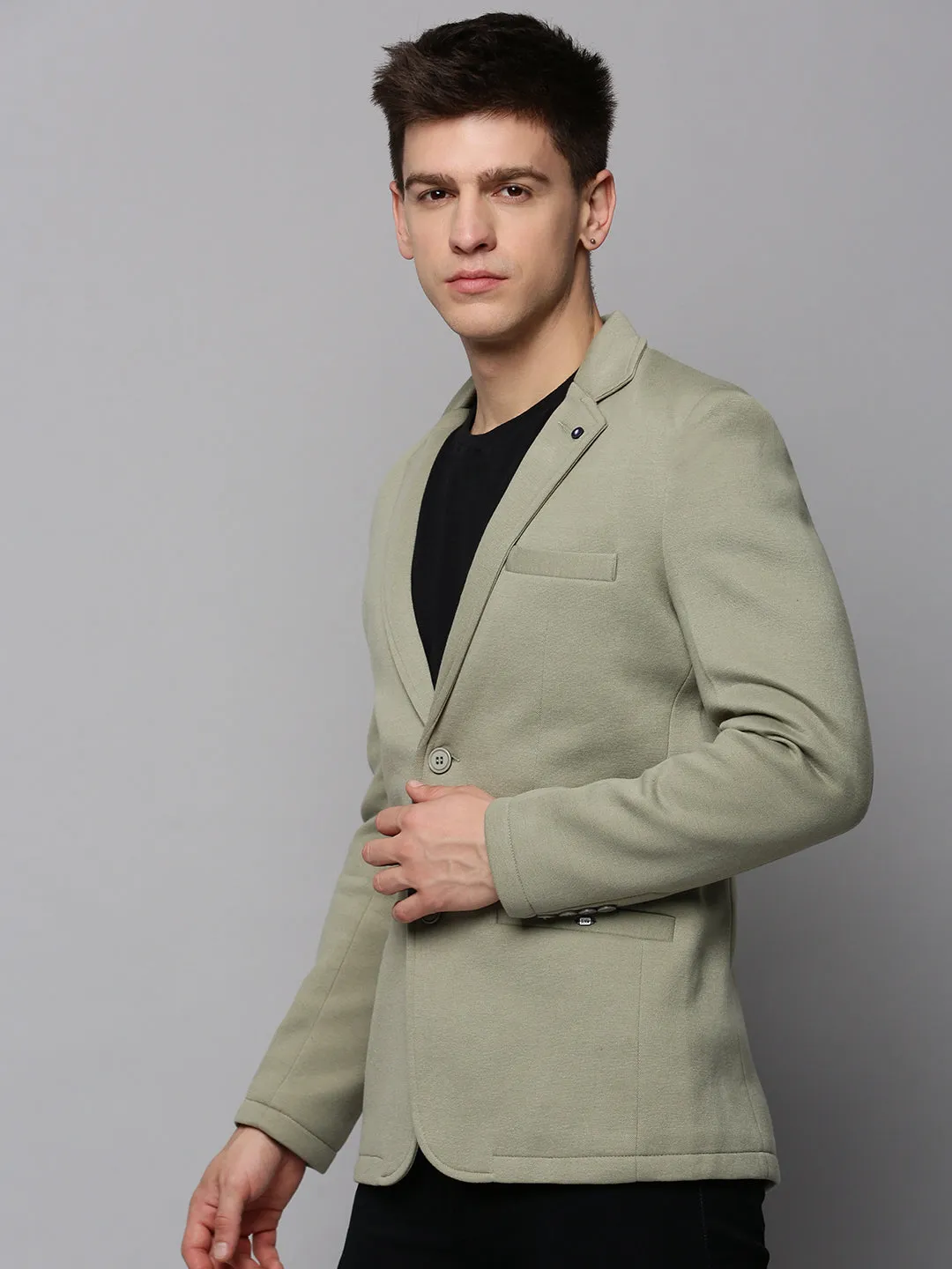 Men Olive Single-Breasted Notched Lapel Blazers