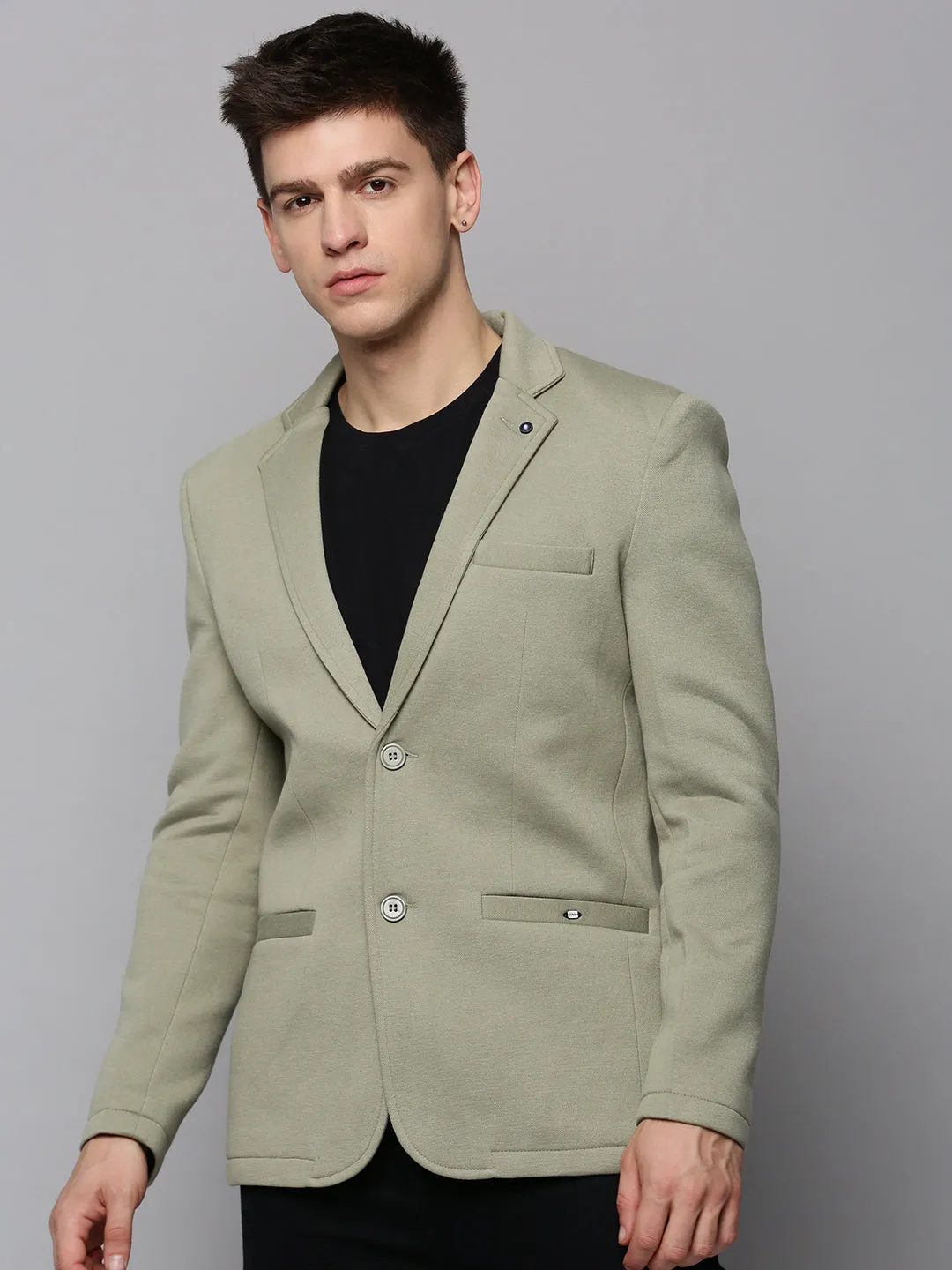 Men Olive Single-Breasted Notched Lapel Blazers