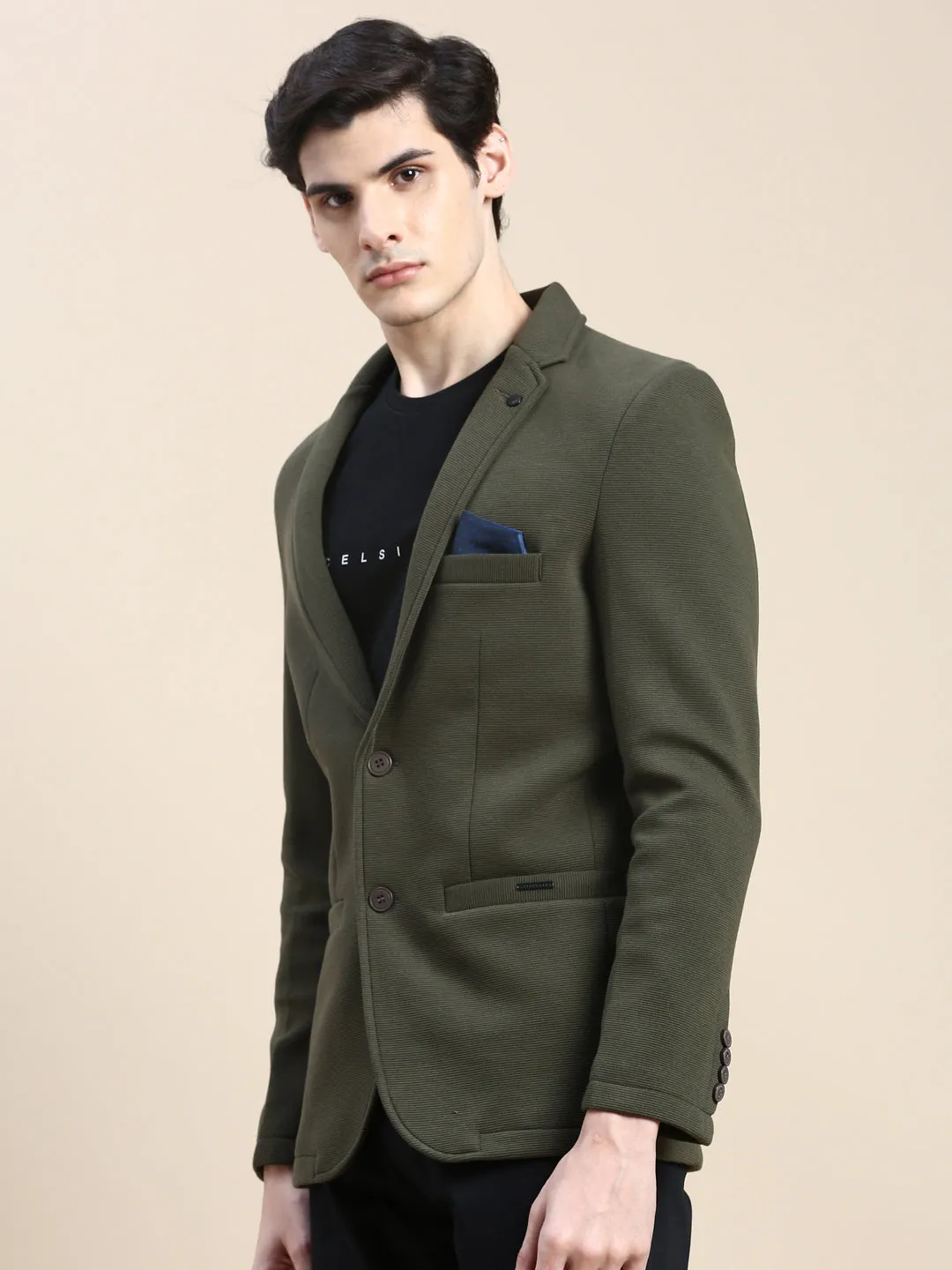 Men Olive Textured Single-Breasted Slim-Fit Blazer