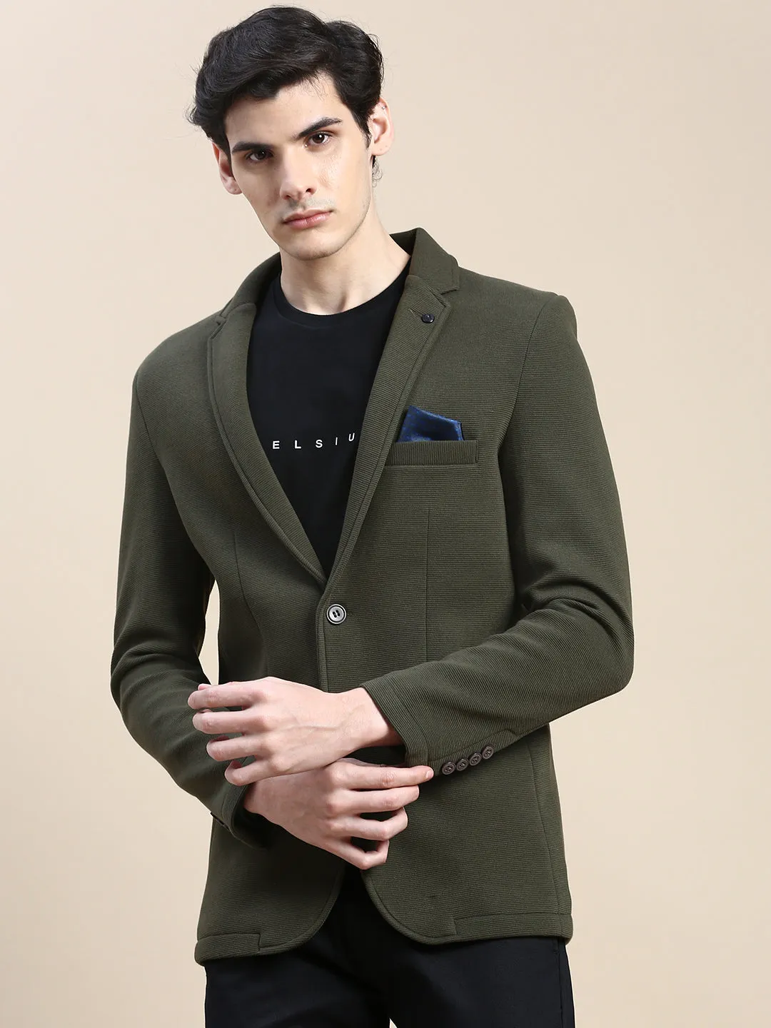 Men Olive Textured Single-Breasted Slim-Fit Blazer