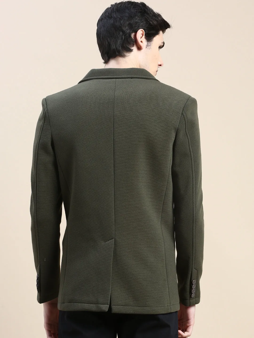 Men Olive Textured Single-Breasted Slim-Fit Blazer
