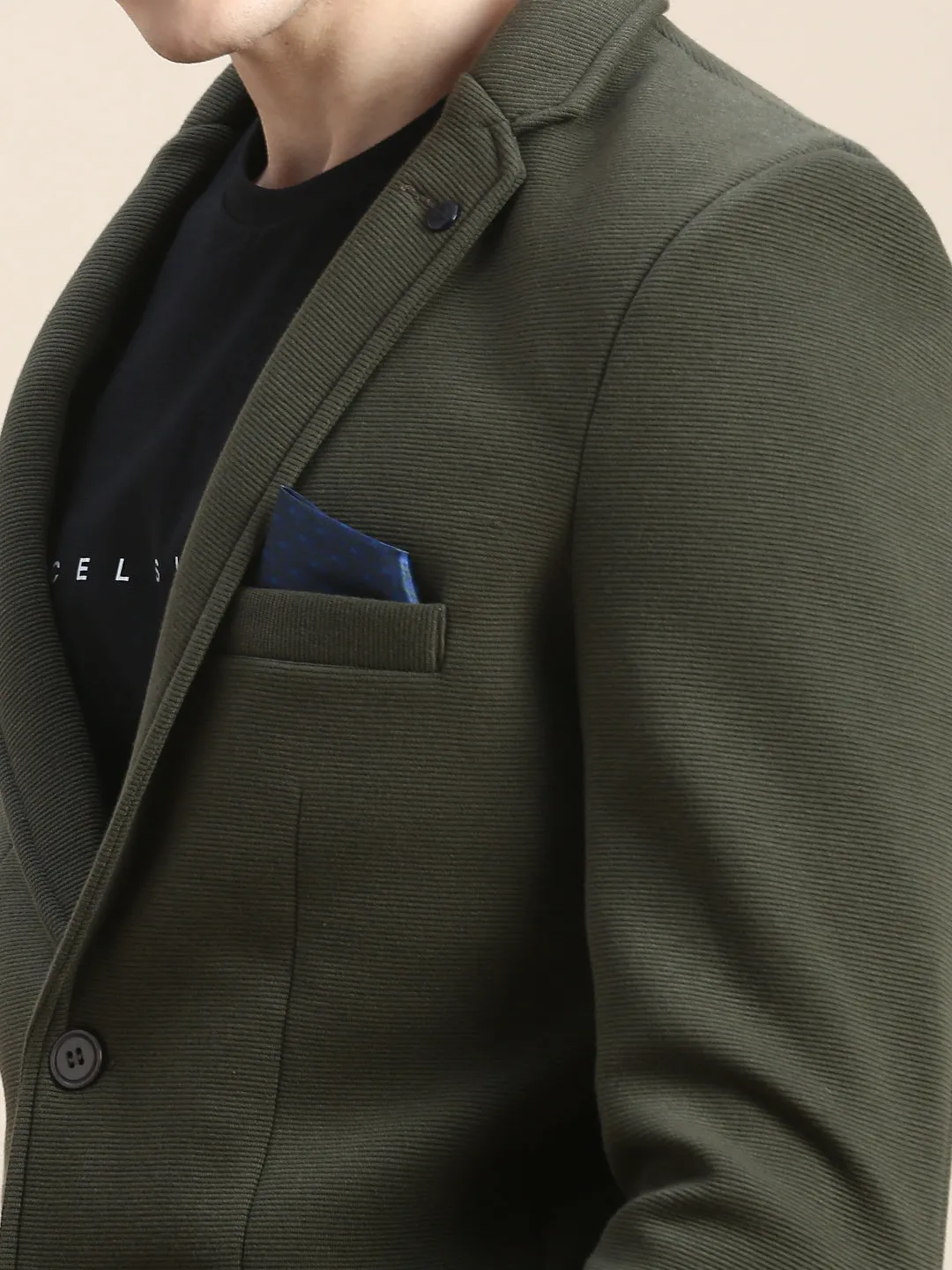 Men Olive Textured Single-Breasted Slim-Fit Blazer