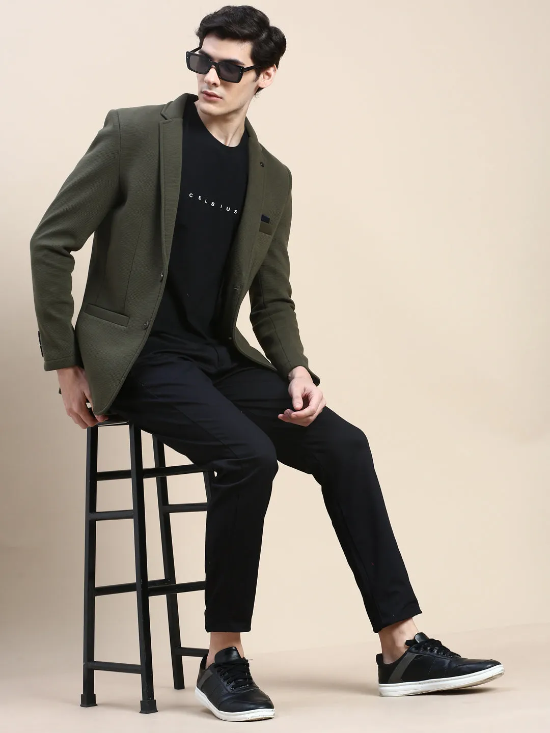 Men Olive Textured Single-Breasted Slim-Fit Blazer