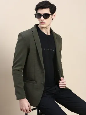 Men Olive Textured Single-Breasted Slim-Fit Blazer