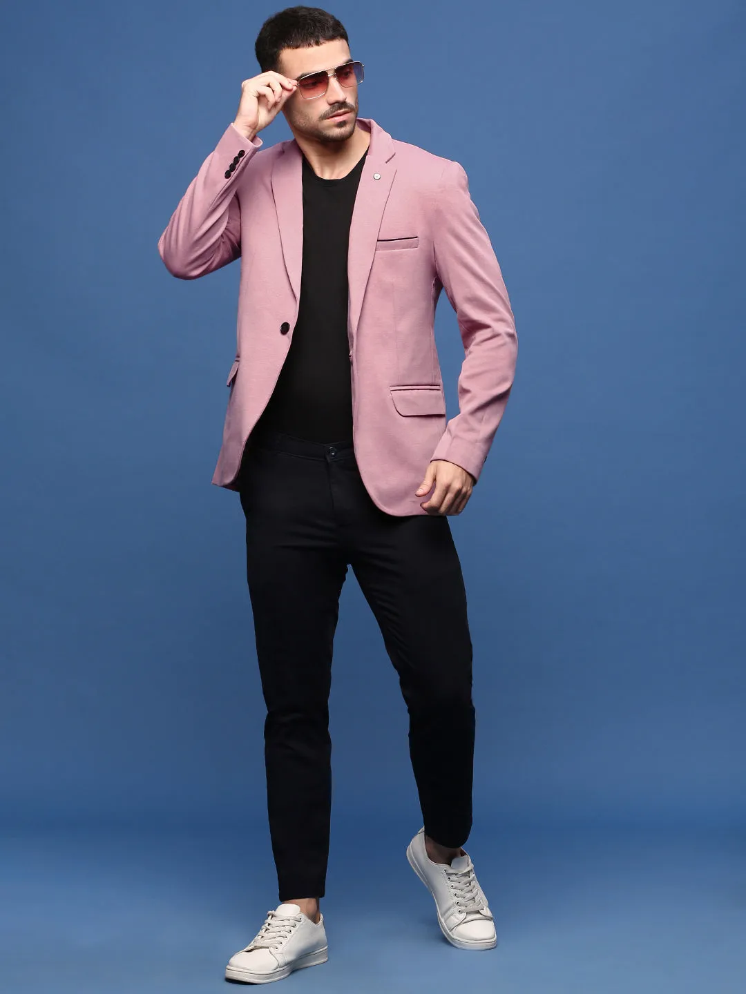 Men Peach Slim Fit Single Breasted Notched Lapel Cotton Blazers
