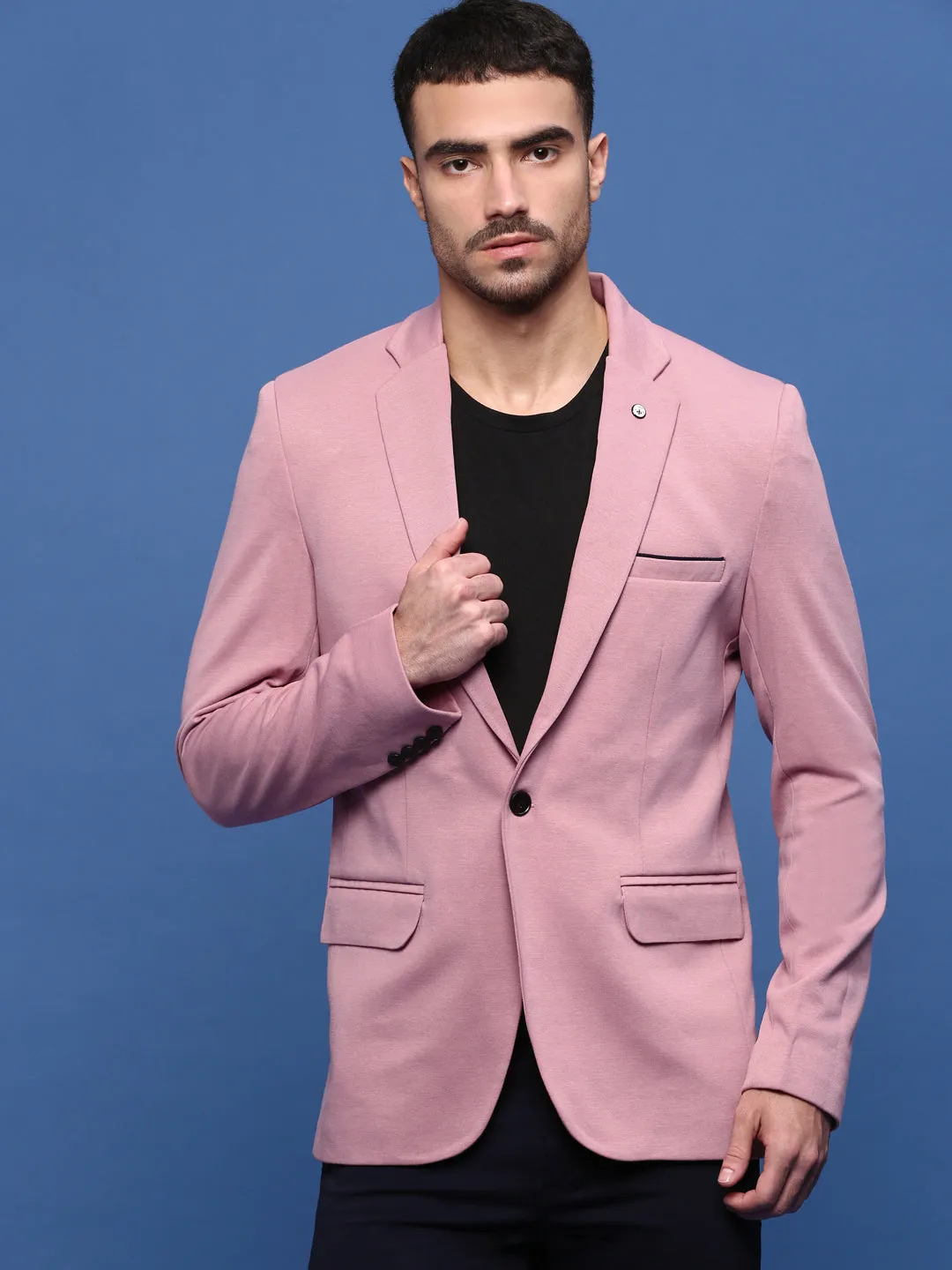 Men Peach Slim Fit Single Breasted Notched Lapel Cotton Blazers