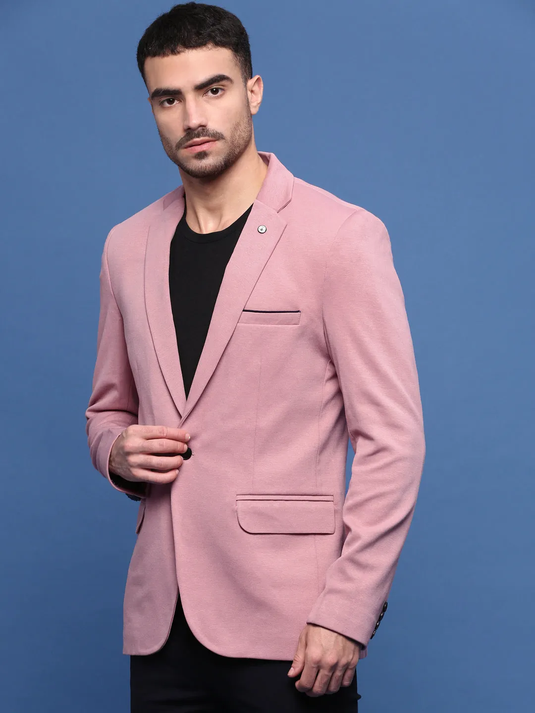 Men Peach Slim Fit Single Breasted Notched Lapel Cotton Blazers
