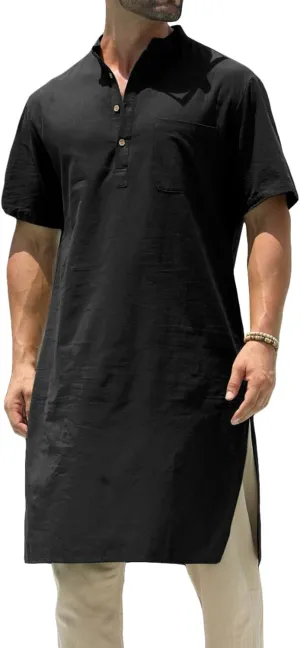 Mens Kurta Cotton Linen Henley Shirts Kaftan Short Sleeve Lounge Plain Gown Shirt