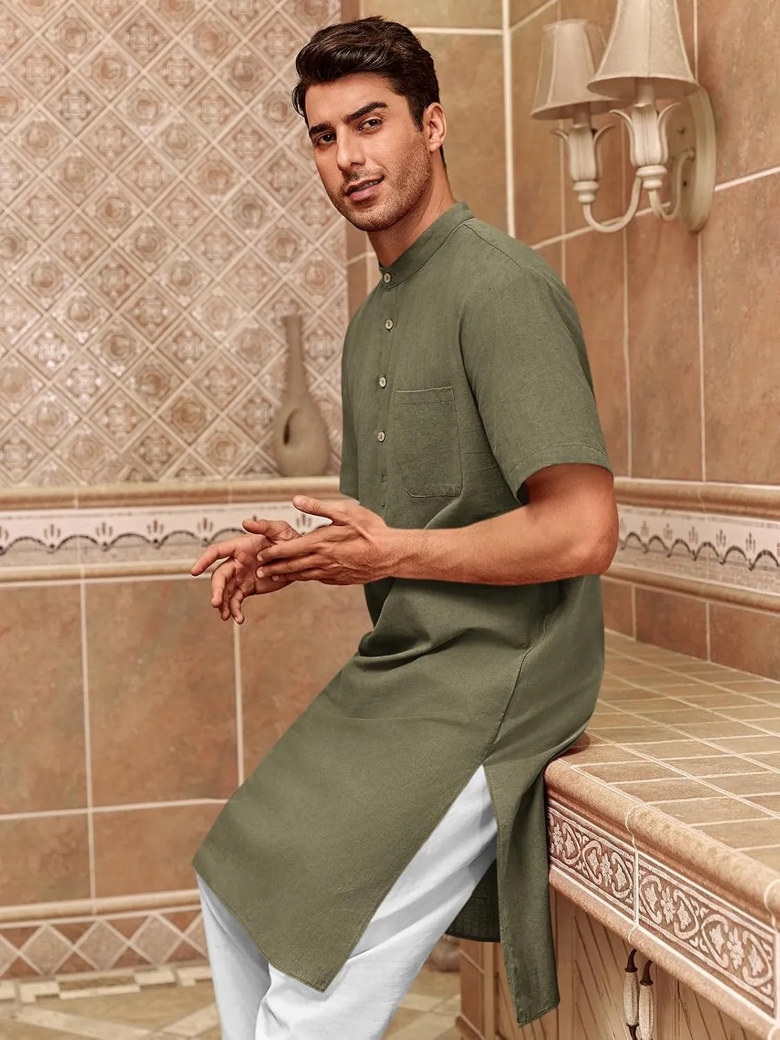 Mens Kurta Cotton Linen Henley Shirts Kaftan Short Sleeve Lounge Plain Gown Shirt