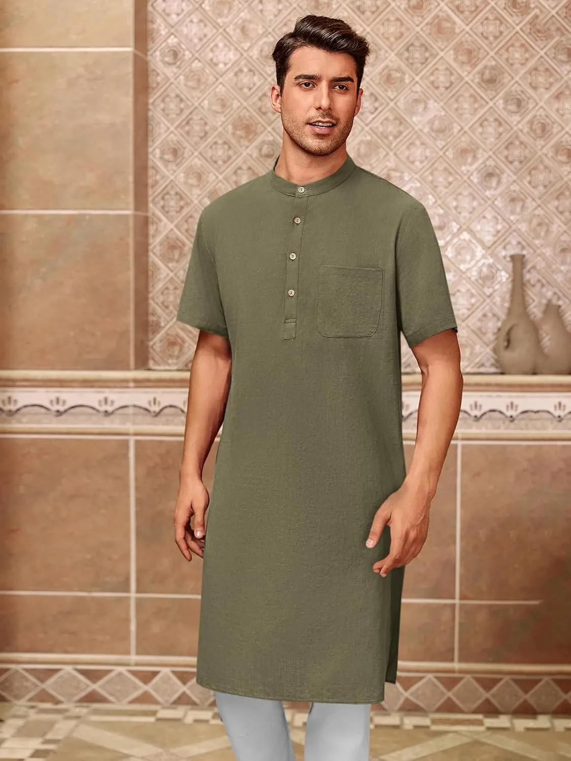 Mens Kurta Cotton Linen Henley Shirts Kaftan Short Sleeve Lounge Plain Gown Shirt