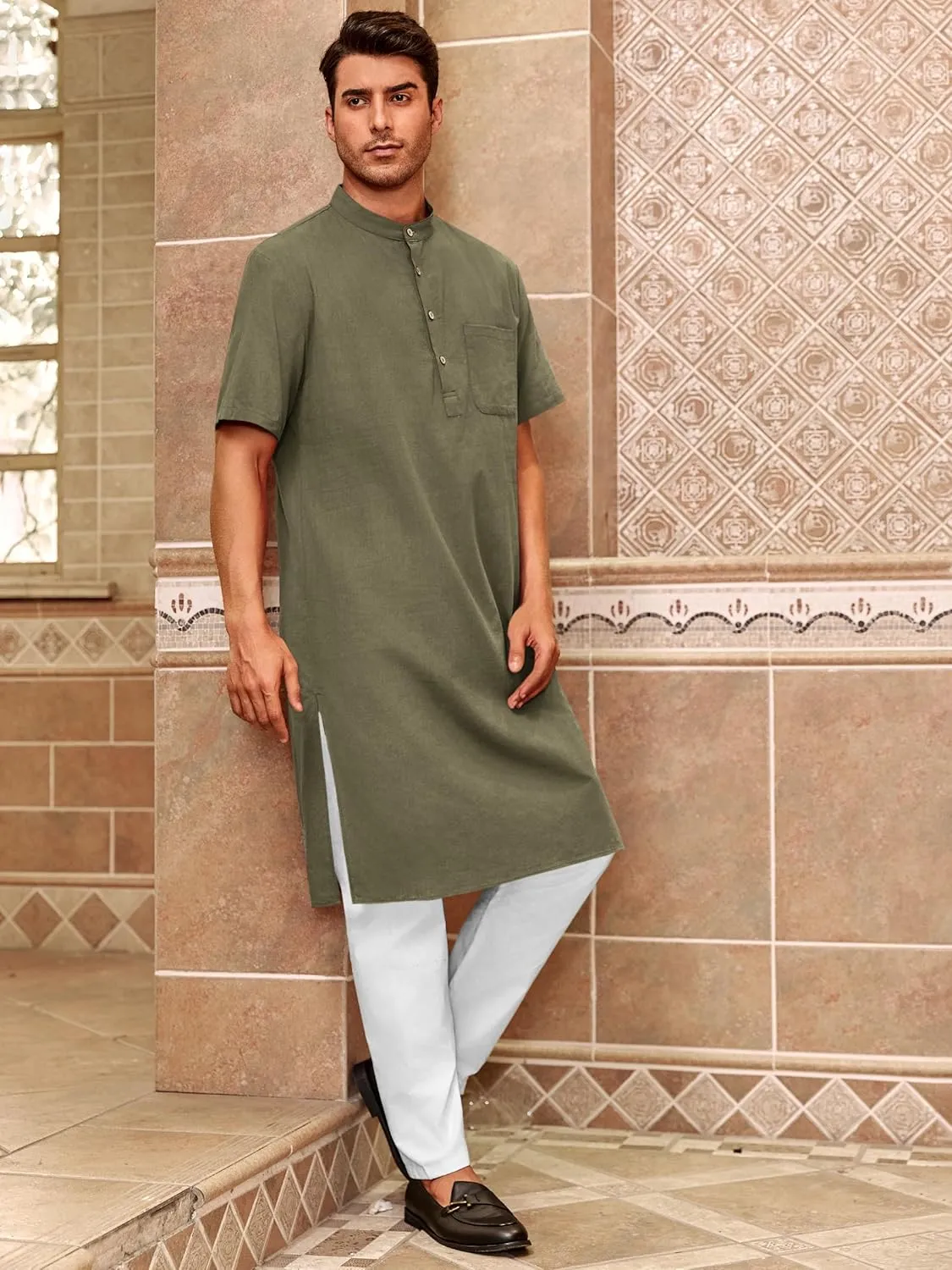 Mens Kurta Cotton Linen Henley Shirts Kaftan Short Sleeve Lounge Plain Gown Shirt