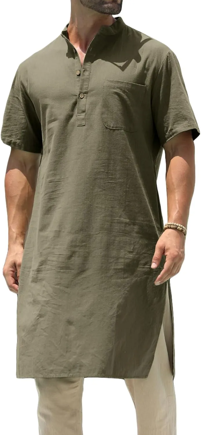 Mens Kurta Cotton Linen Henley Shirts Kaftan Short Sleeve Lounge Plain Gown Shirt