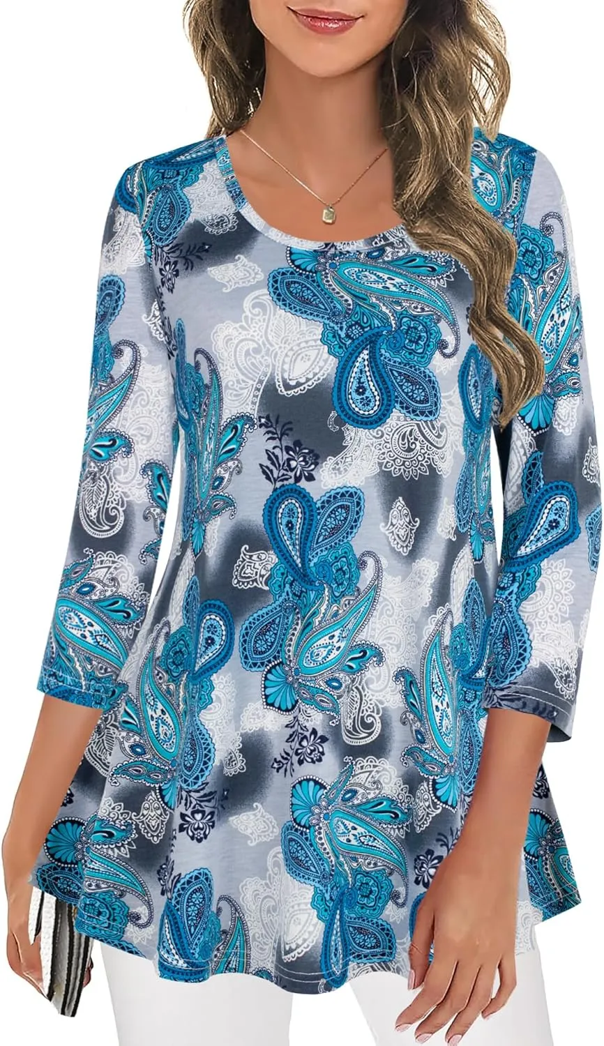 Nandashe Womens 3/4 Sleeves Floral Tunic Shirts Summer Casual Dressy Blouse Tops