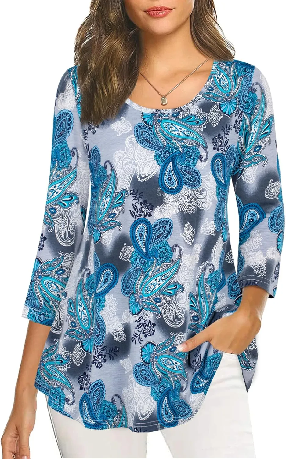 Nandashe Womens 3/4 Sleeves Floral Tunic Shirts Summer Casual Dressy Blouse Tops