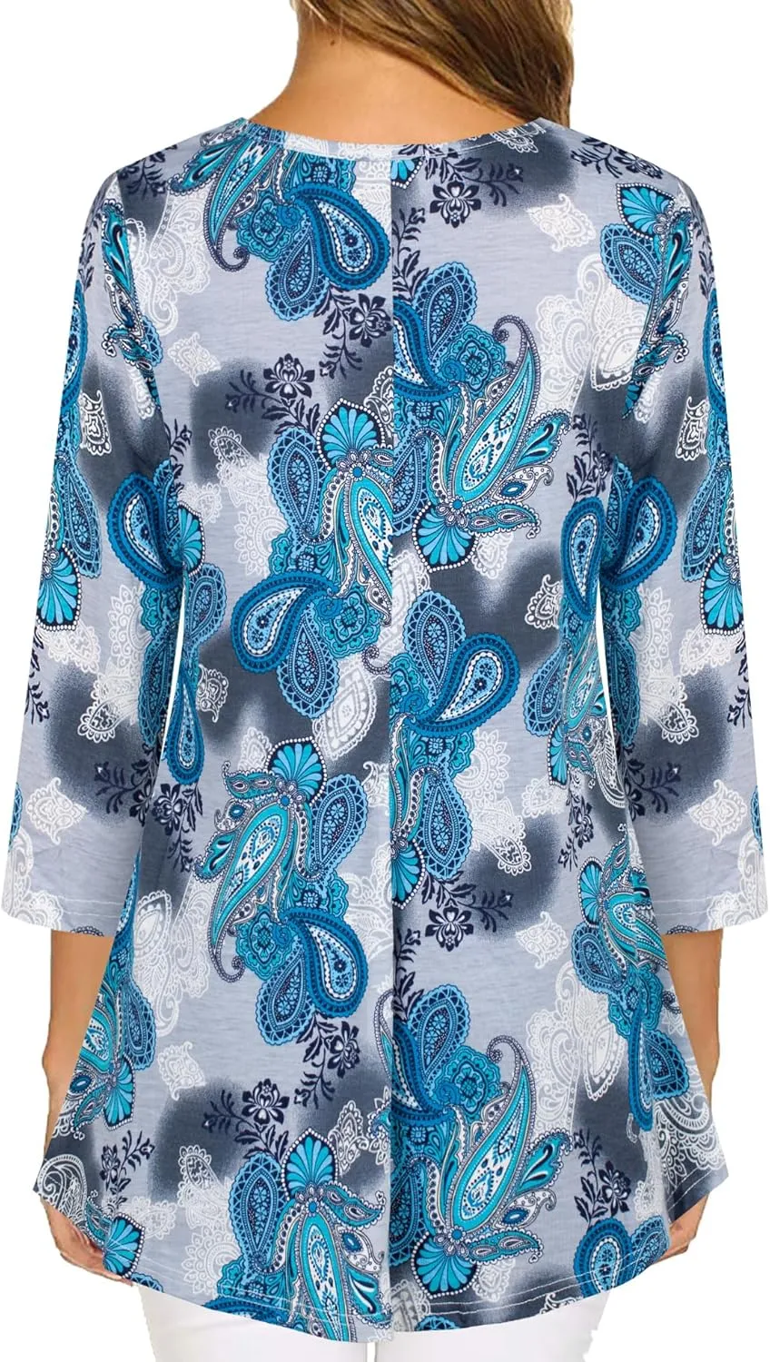 Nandashe Womens 3/4 Sleeves Floral Tunic Shirts Summer Casual Dressy Blouse Tops