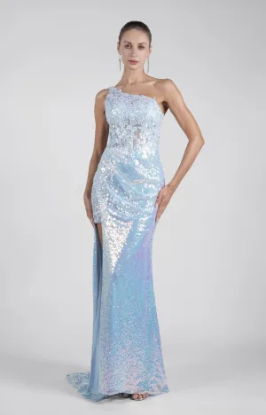 One Shoulder Side Split Sheath Evening Dress with Sparkling Sequins