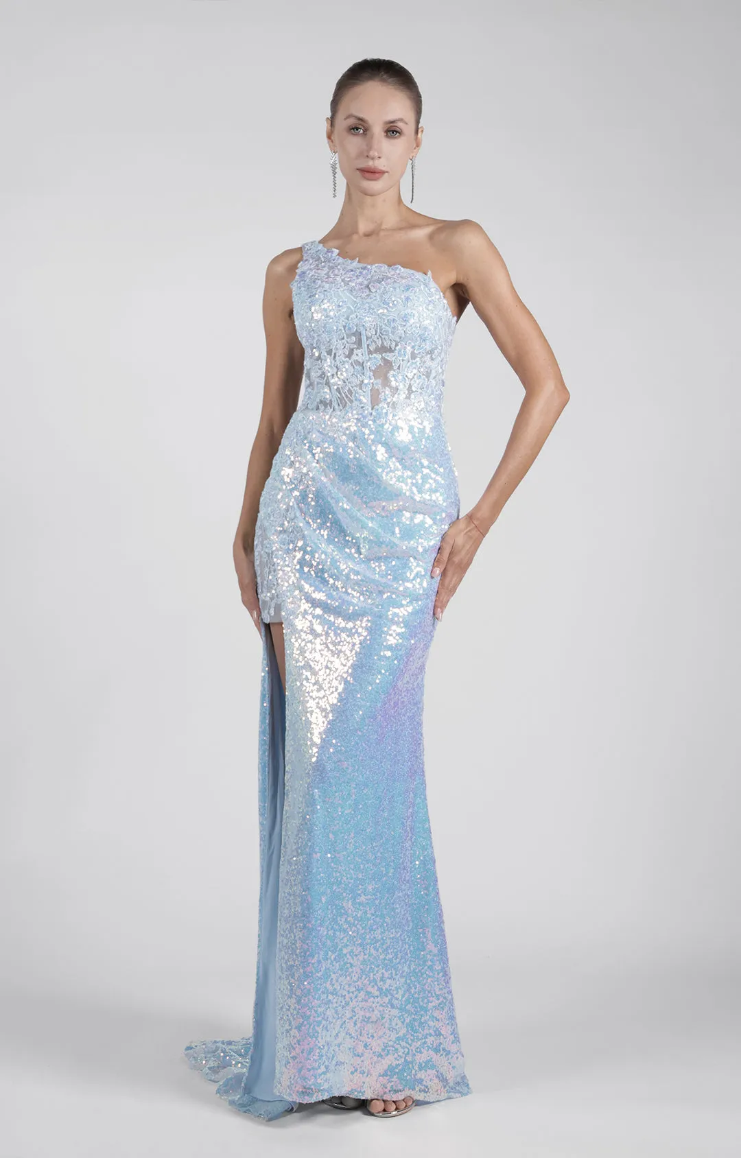 One Shoulder Side Split Sheath Evening Dress with Sparkling Sequins