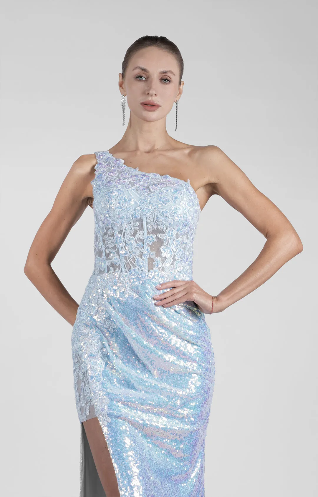One Shoulder Side Split Sheath Evening Dress with Sparkling Sequins