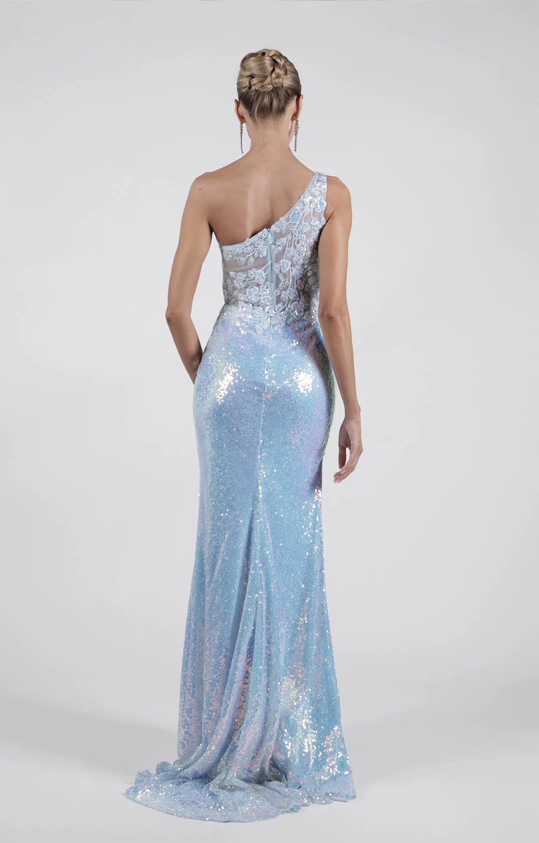 One Shoulder Side Split Sheath Evening Dress with Sparkling Sequins