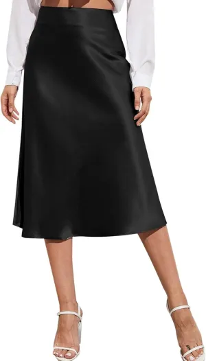 Preppy Skirts Womens High Waist Midi Skirt Solid Satin Dress Zipper Elegant Summer Skirts Cage Skirt Belt