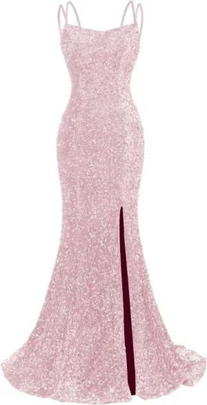 Sequin Prom Dresses for Women 2025 Mermaid Sparkly Spaghetti Backless Formal Evening Party Gowns with Slit
