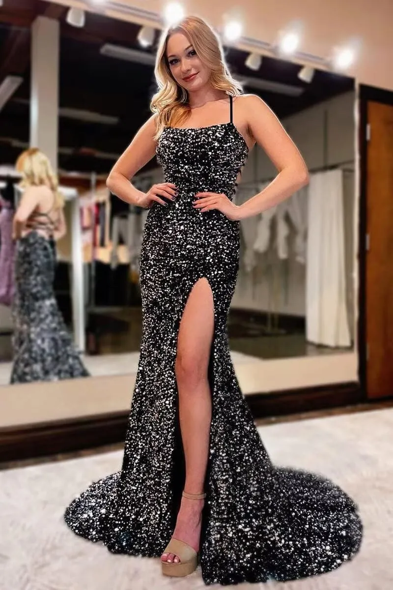 Sequin Prom Dresses for Women 2025 Mermaid Sparkly Spaghetti Backless Formal Evening Party Gowns with Slit