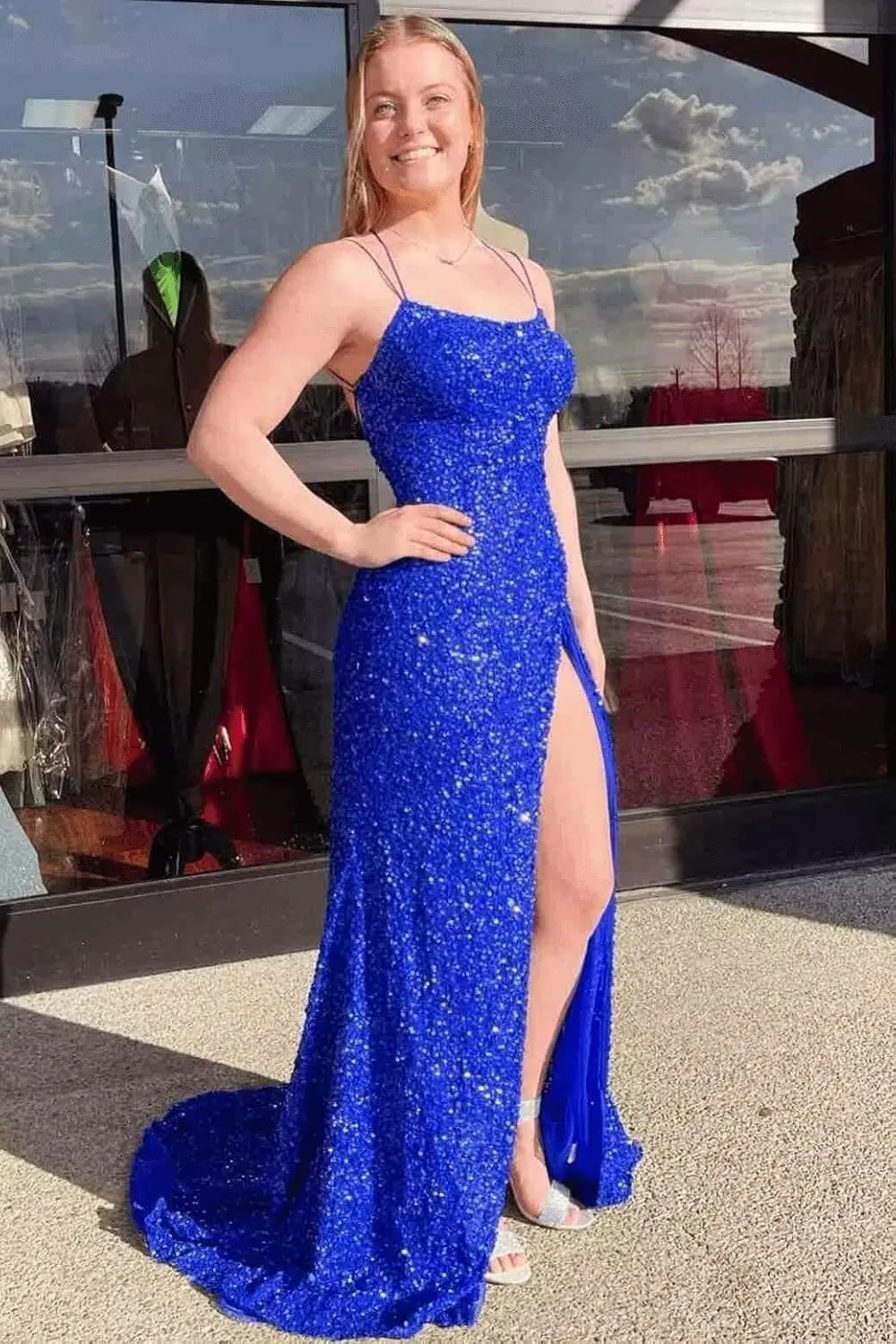 Sequin Prom Dresses for Women 2025 Mermaid Sparkly Spaghetti Backless Formal Evening Party Gowns with Slit