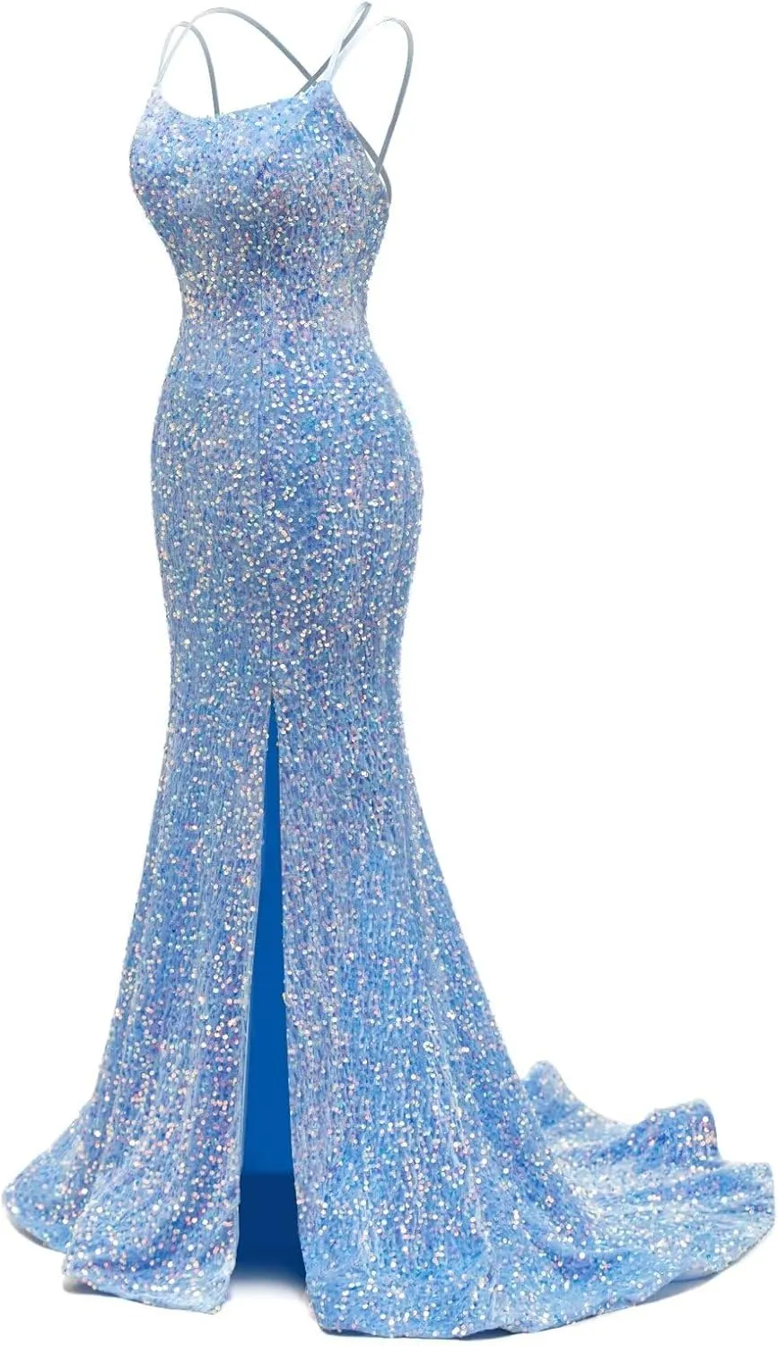 Sequin Prom Dresses for Women 2025 Mermaid Sparkly Spaghetti Backless Formal Evening Party Gowns with Slit