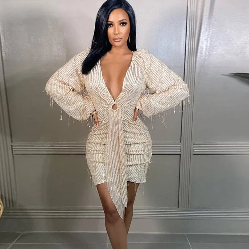 Sparkle Deep V Neck Draped Fringed Sequins Mini Dresses